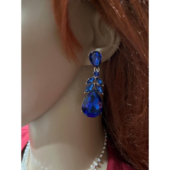 Royal blue earring long teardrop electric dangle rhinestone crystal blue 2.25” - Picture 7 of 9